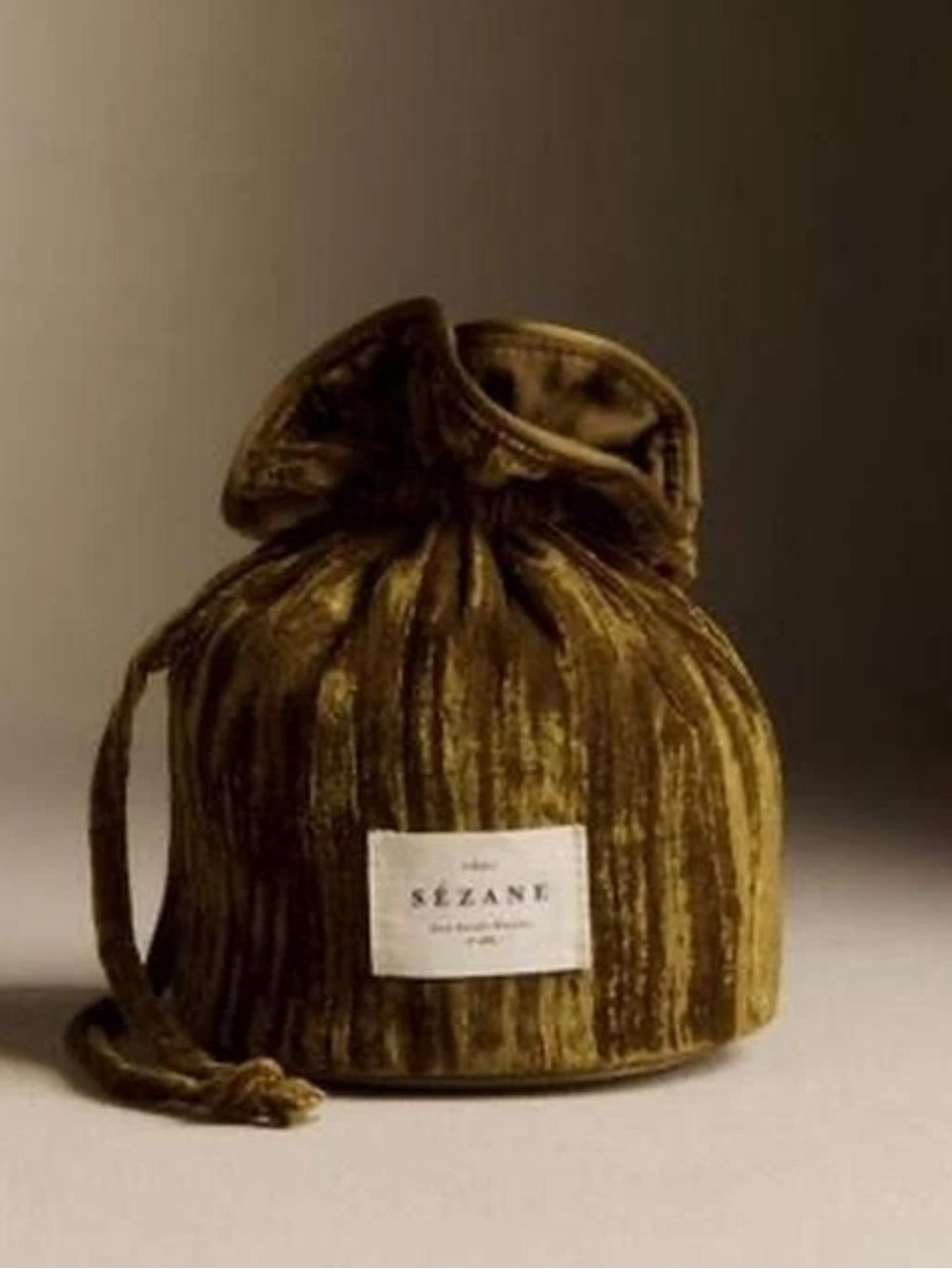 Sézane Olive Green Velvet Drawstring Pouch Bag Cosmetic Handbag Paris